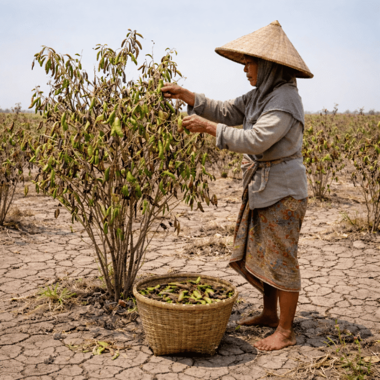 Seorang petani perempuan mengenakan caping dan kain batik sedang memanen bintatoeng atau kacang gude di ladang yang kering dan pecah-pecah. Ia berdiri di samping keranjang anyaman yang sudah terisi penuh dengan hasil panen.